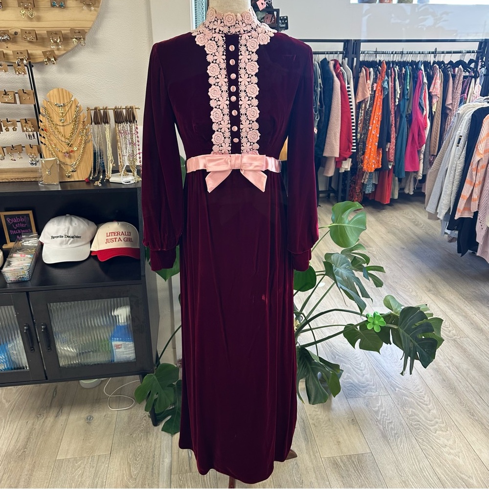 Vintage Red Velvet Maxi Dress with Pink Accents